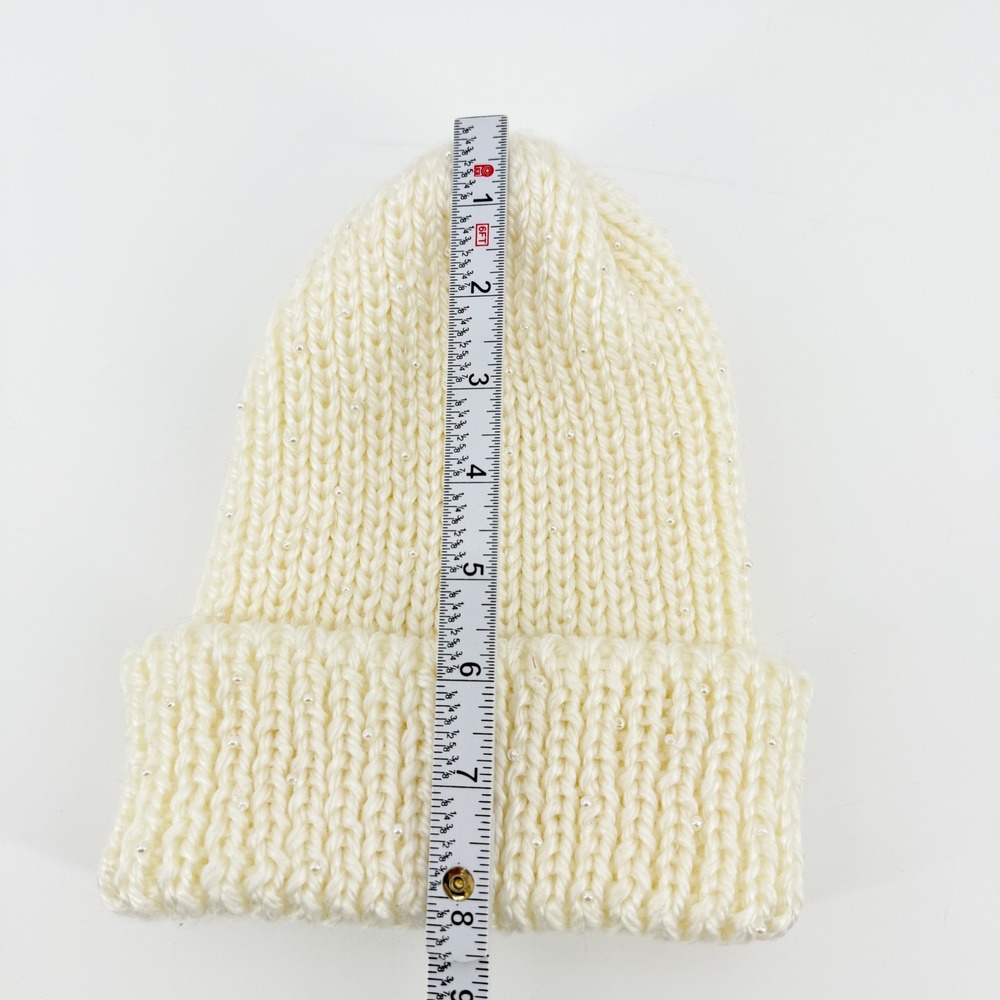 Cream Knit Beanie with Pearls Winter Warm Hat Womens Beanie One Size Preppy Cute - Picture 5 of 9